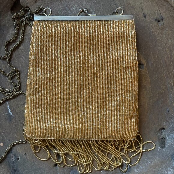 Vtg Lillie Rubin gold beaded fringed evening bag coquette wedding party purse - Picture 5 of 7